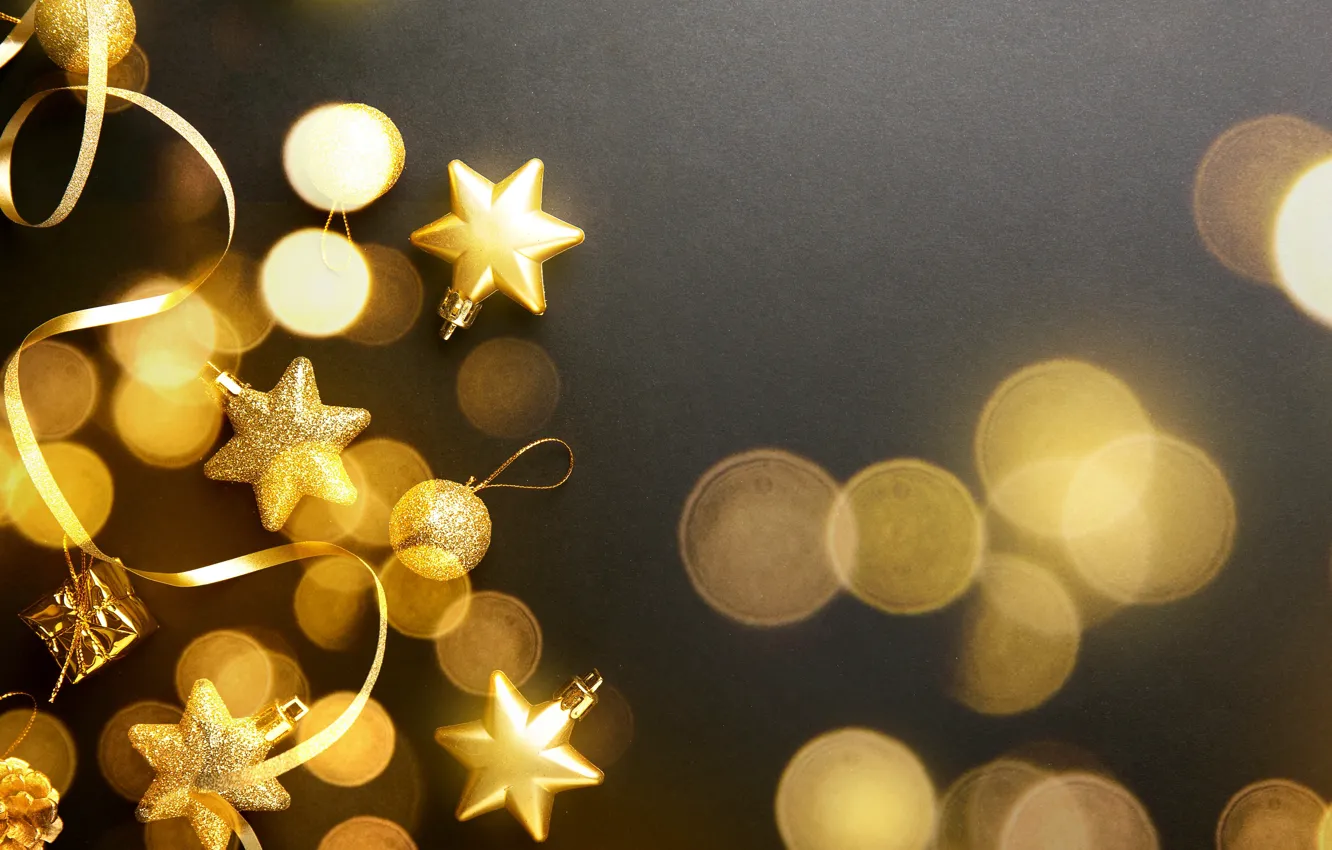 Фото обои украшения, шары, Новый Год, Рождество, golden, черный фон, black, Christmas, balls, золотые, bokeh, New Year, …