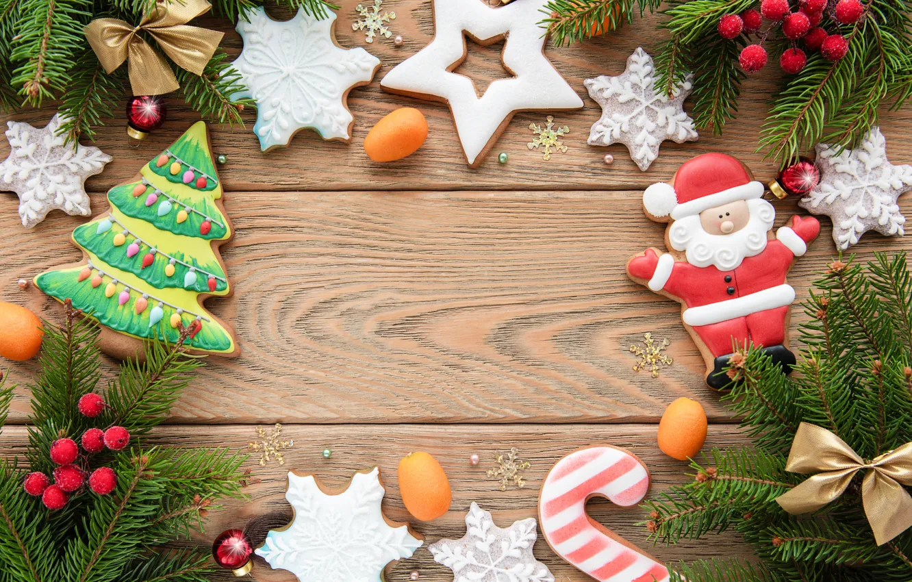 Фото обои украшения, Новый Год, Рождество, christmas, wood, merry, cookies, decoration, пряники, gingerbread, fir tree, ветки ели