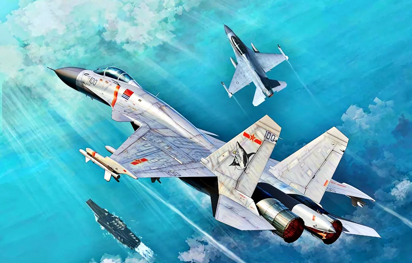 Фото обои Китай, авианосец, F-16, палубный истребитель, Shenyang, J-15