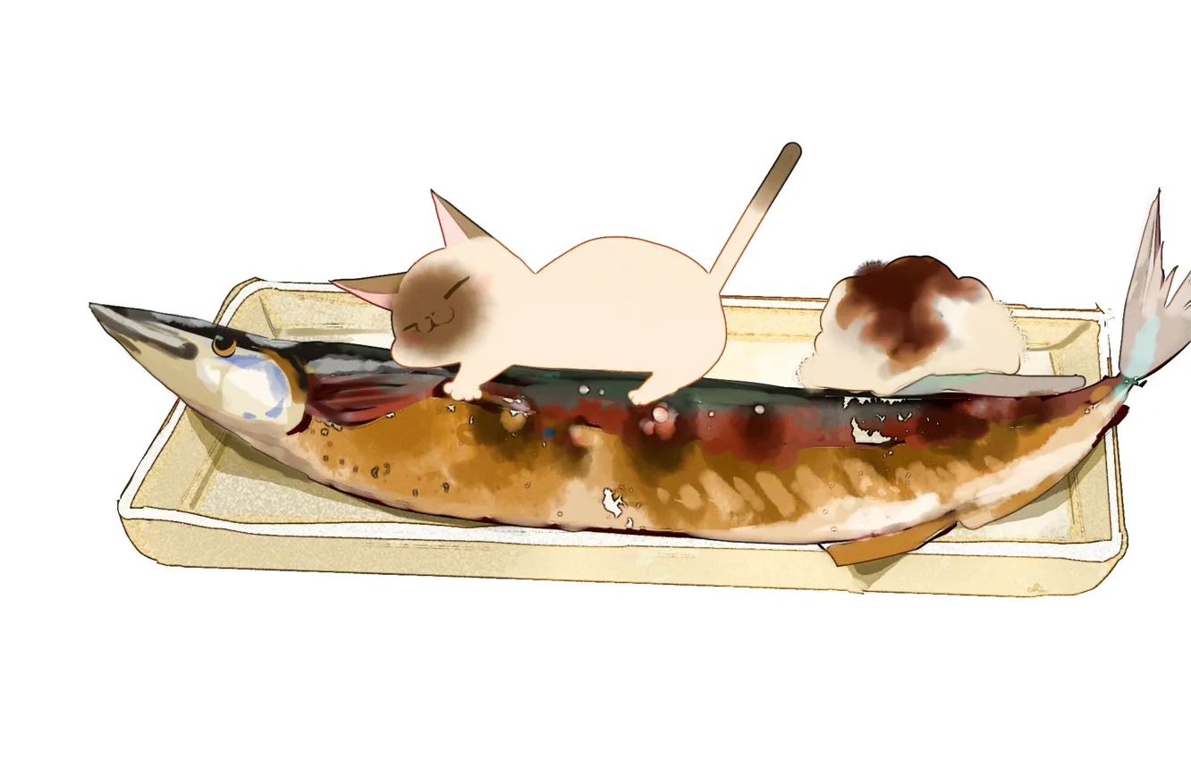 Фото обои белый фон, лежит, блюдо, гарнир, сиамский кот, кайфует, рыба запеченная, by drawing chisanne