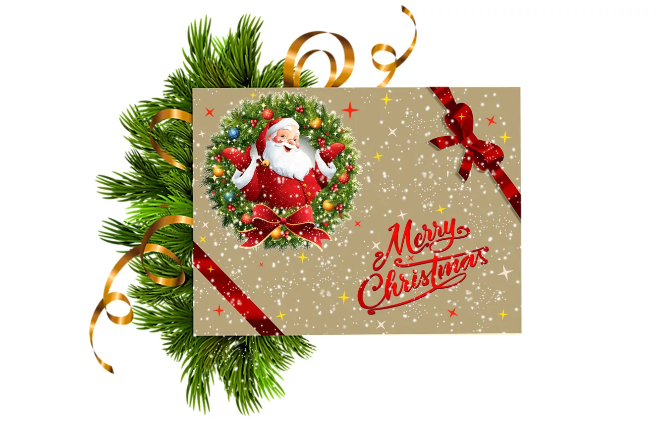 Фото обои праздник, Рождество, лента, белый фон, Новый год, Санта Клаус, Дед Мороз, хвоя, бантик, поздравление, открытка