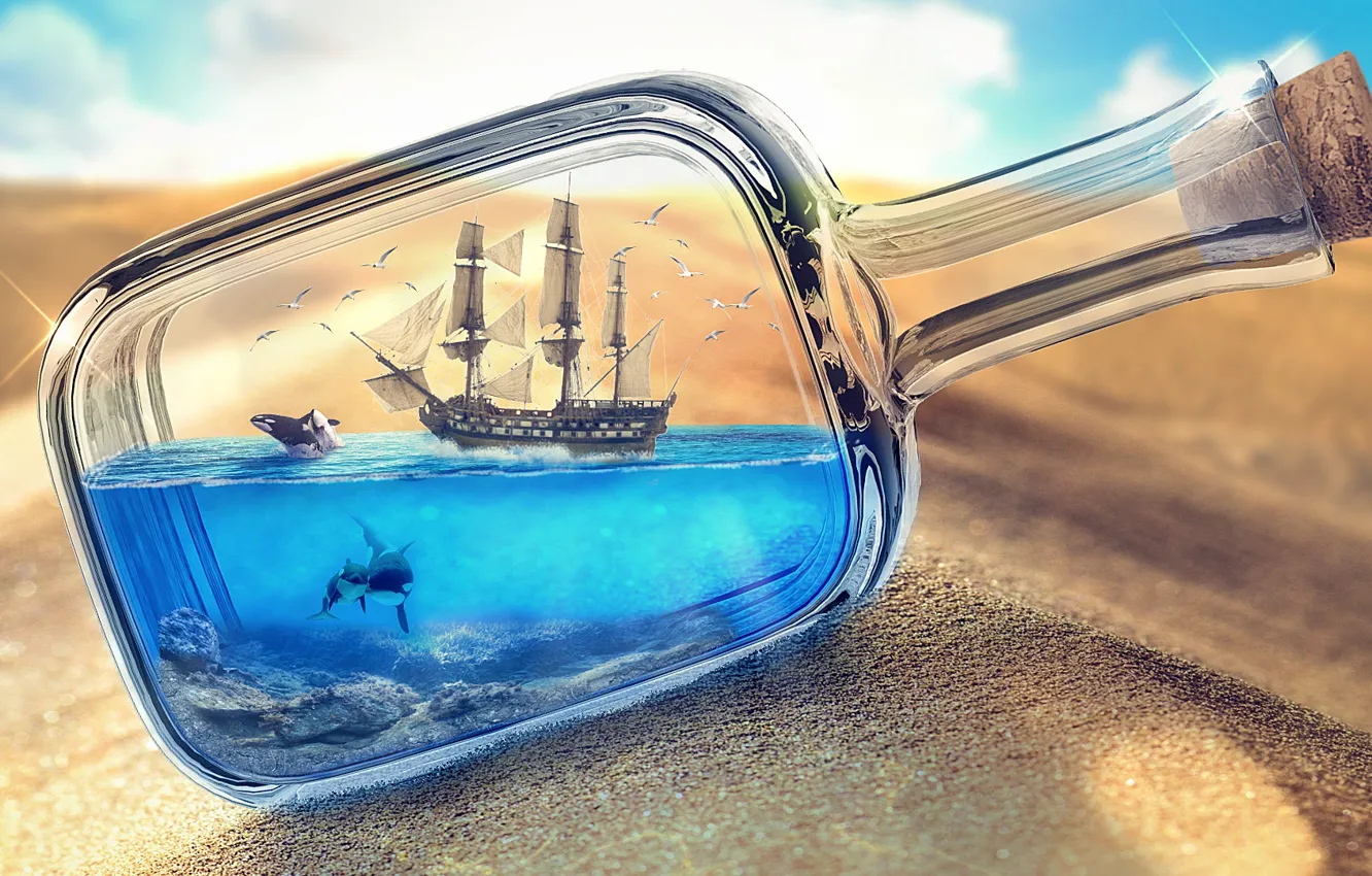 Фото обои песок, море, пустыня, корабль, бутылка, фотоарт, корабль в бутылк...