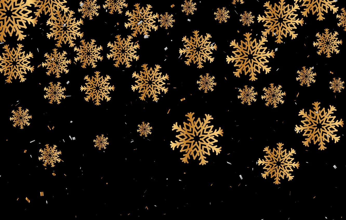 Фото обои украшения, снежинки, золото, Рождество, Новый год, golden, christmas, черный фон, new year, happy, background, merry, …