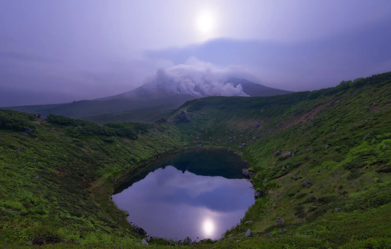 Фото обои горы, туман, озеро