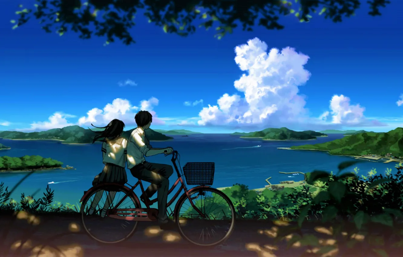 Фото обои небо, девушка, облака, велосипед, парень, водоем