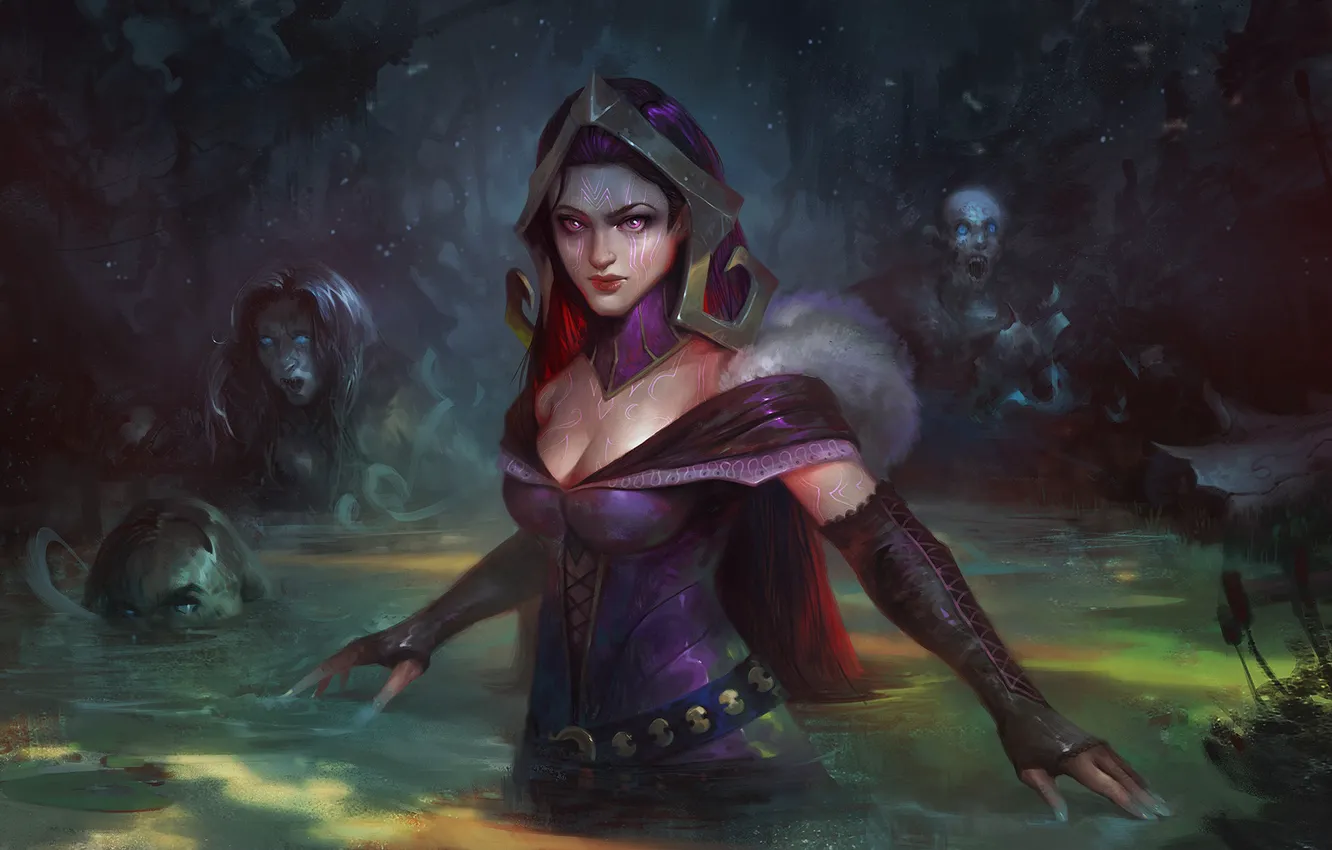 Обои Dark Girl Fantasy Magic Cleavage Breast Purple Eyes Lake