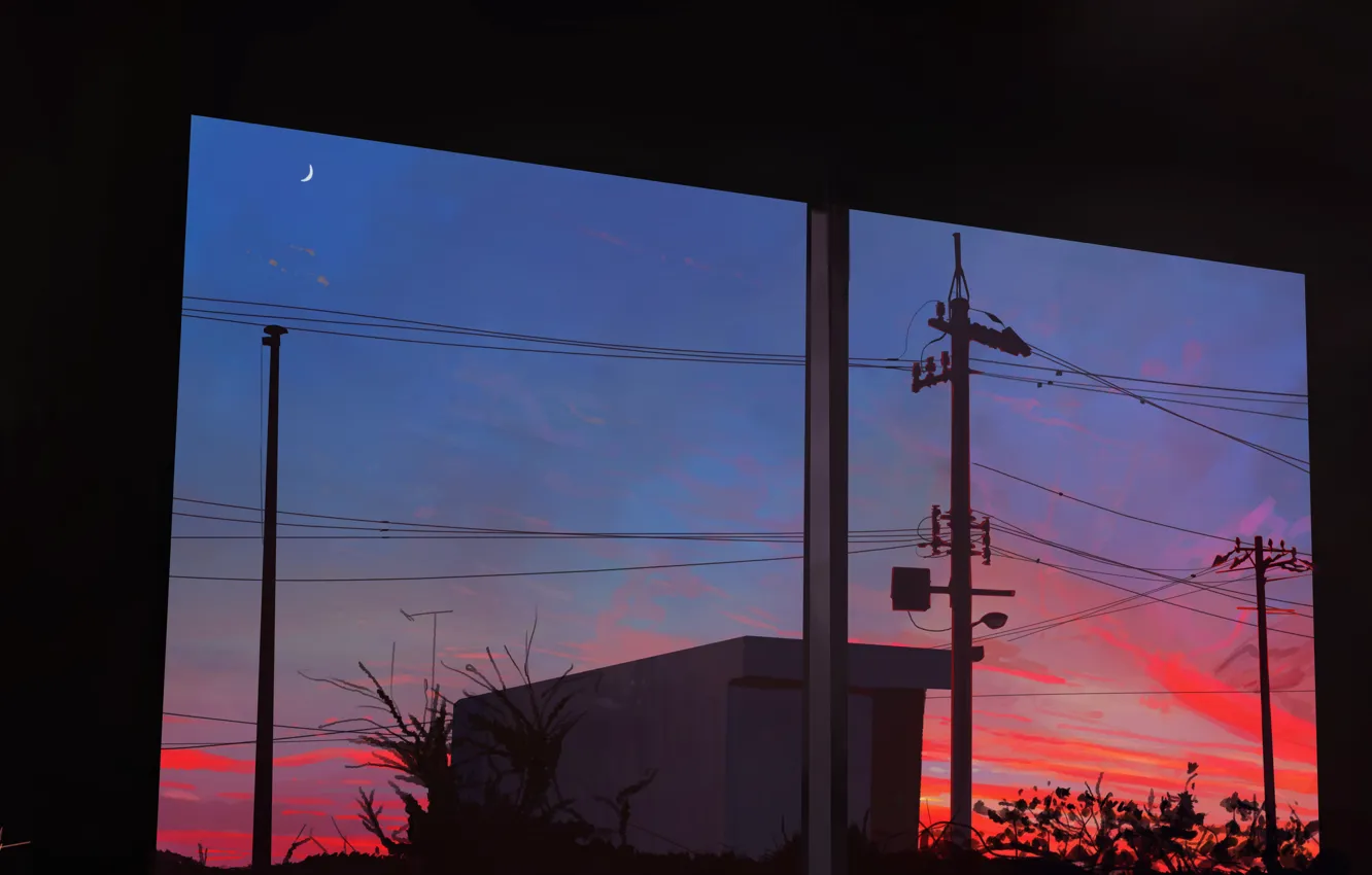 Фото обои небо, закат, луна, сумерки, вид из окна, лэп