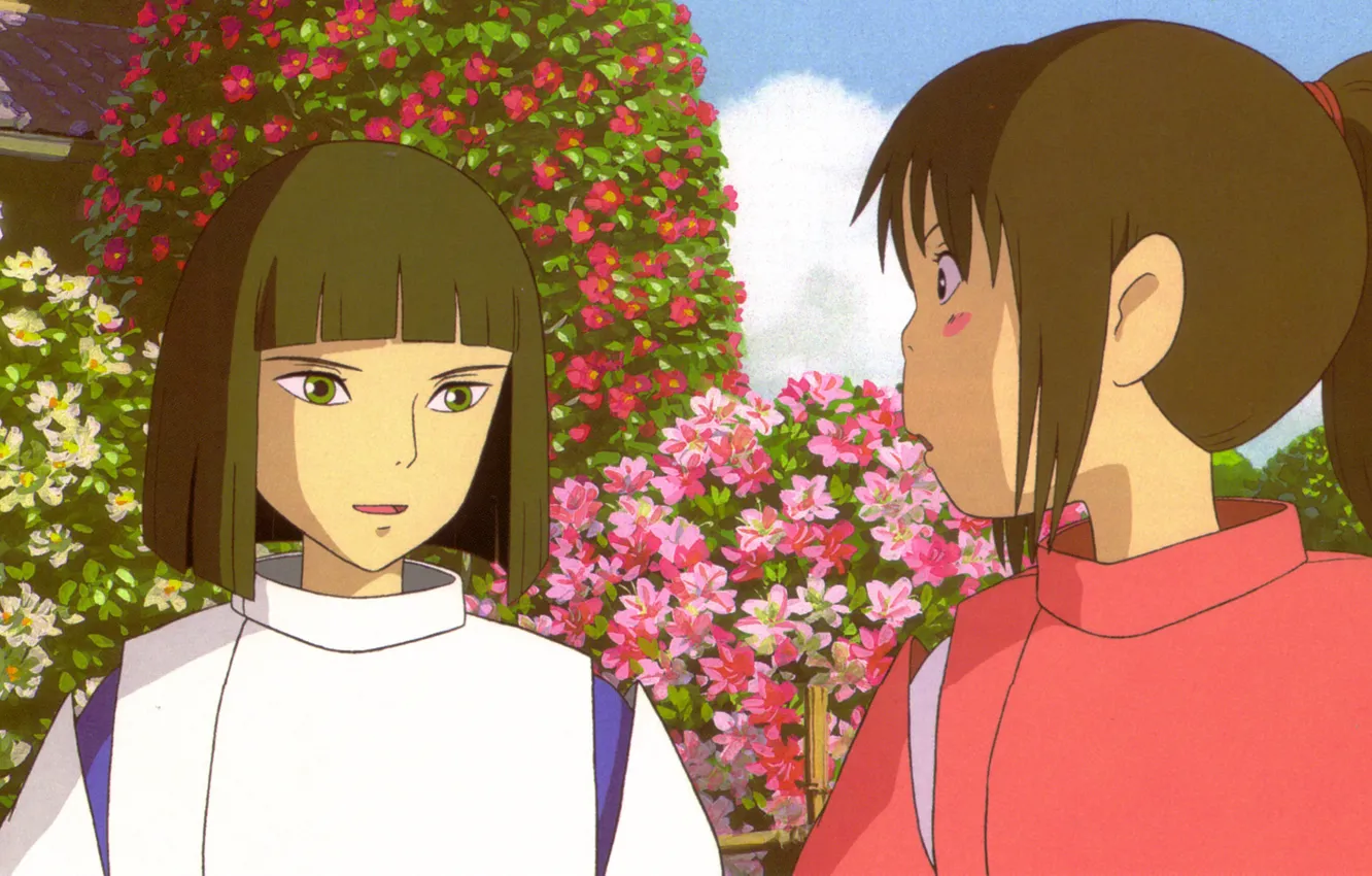 Фото обои японская одежда, art, Hayao Miyazaki, цветник, Haku, Spirited Away, Унесенные призраками, в саду, Chihiro, мальчик …