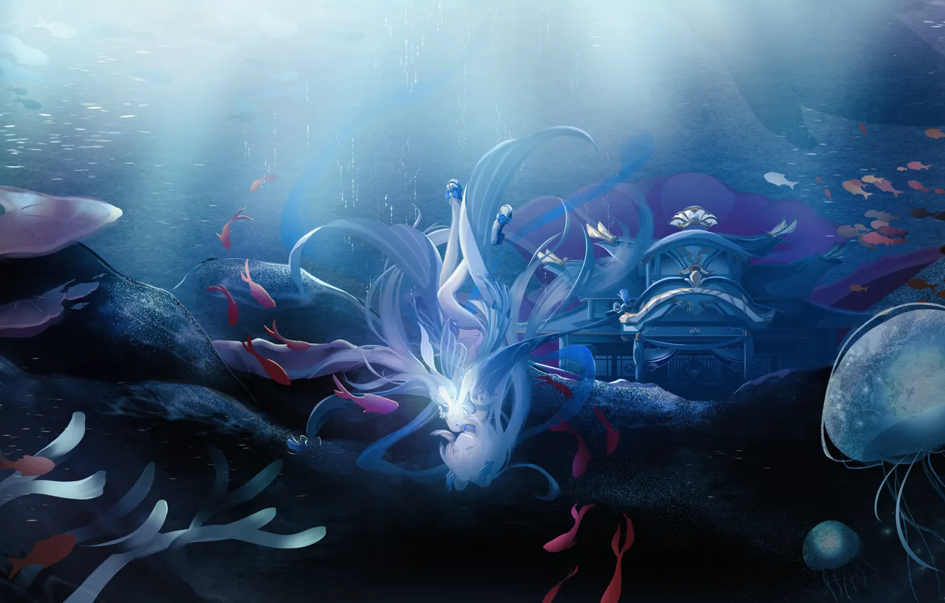 Фото обои девушка, рыба, кит, медузы, под водой, Genshin Impact, Sangonomiya Kokomi