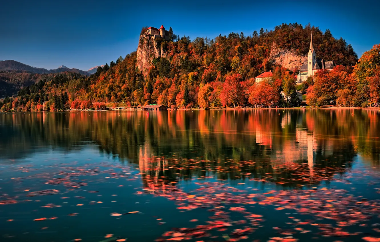 Фото обои осень, пейзаж, горы, природа, озеро, скалы, листва, церковь, леса, Словения, Бледское озеро, Блед