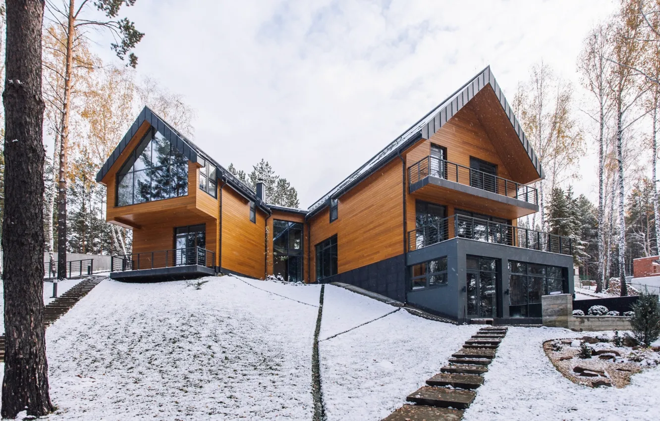 Фото обои зима, снег, дом, окна, house, forest, архитектура, sky, modern, winter, snow, tree, window, модерн, architecture