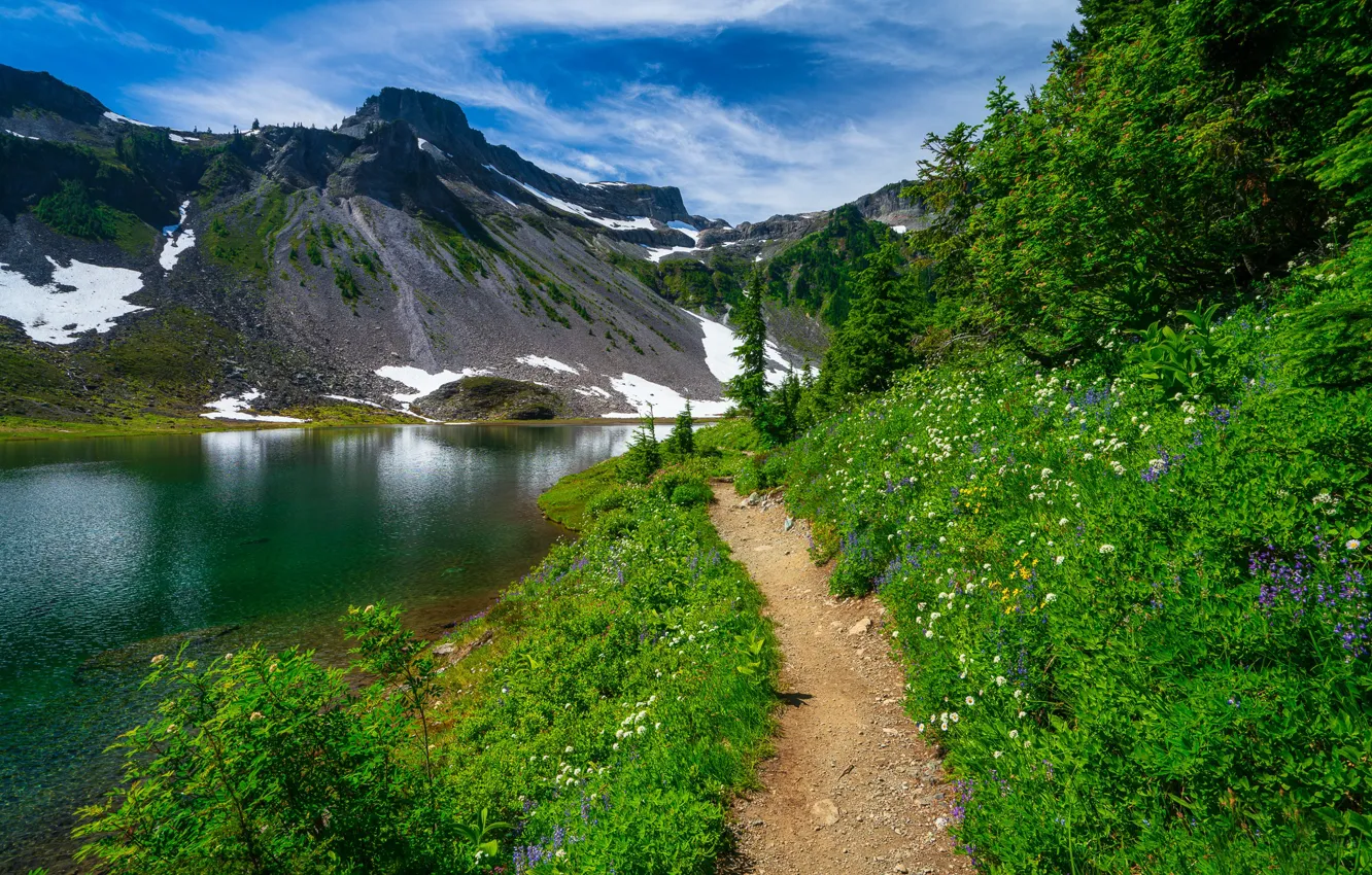 Фото обои горы, озеро, тропинка, Каскадные горы, Washington State, Cascade Range, Штат Вашингтон, Озеро Багли, Bagley Lake
