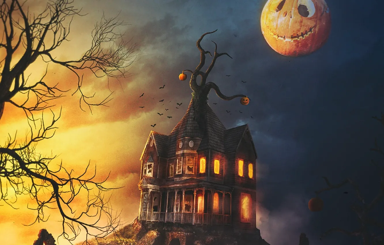 Фото обои Halloween, заброшенный дом, светильник Джека, тыквы зла, адская ухмылка, мрачное место, черные вороны, корявое дерево