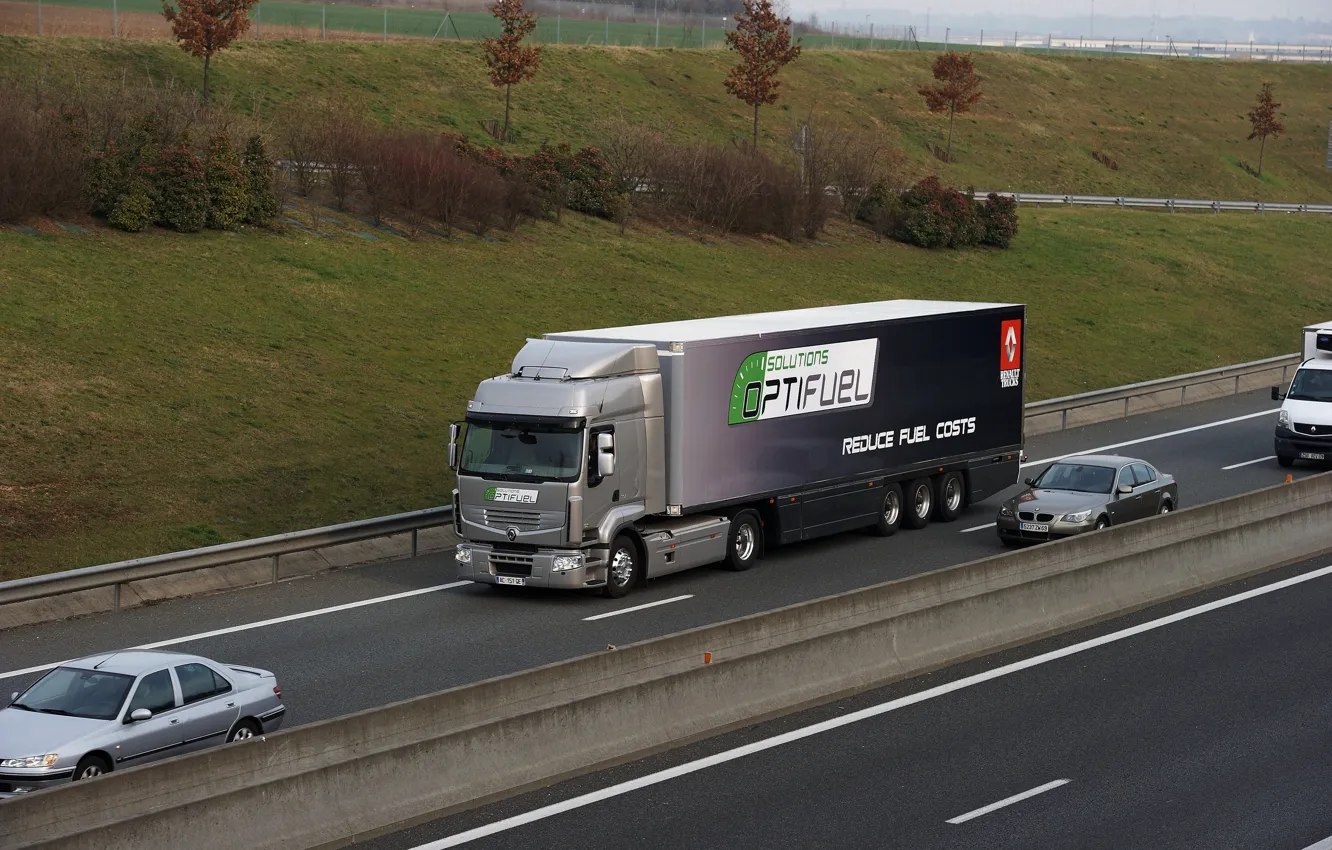 Фото обои серый, транспорт, трасса, грузовик, Renault, седельный тягач, 4x2, полуприцеп, Premium Route, Renault Trucks
