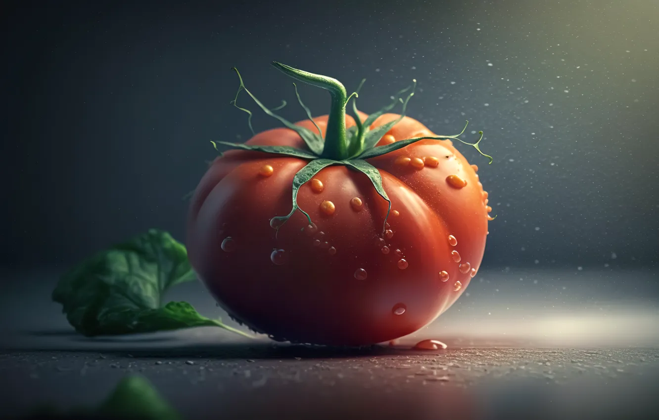 Фото обои листья, фон, помидор, water, background, leaves, drops, still life, tomato, dark background, generative