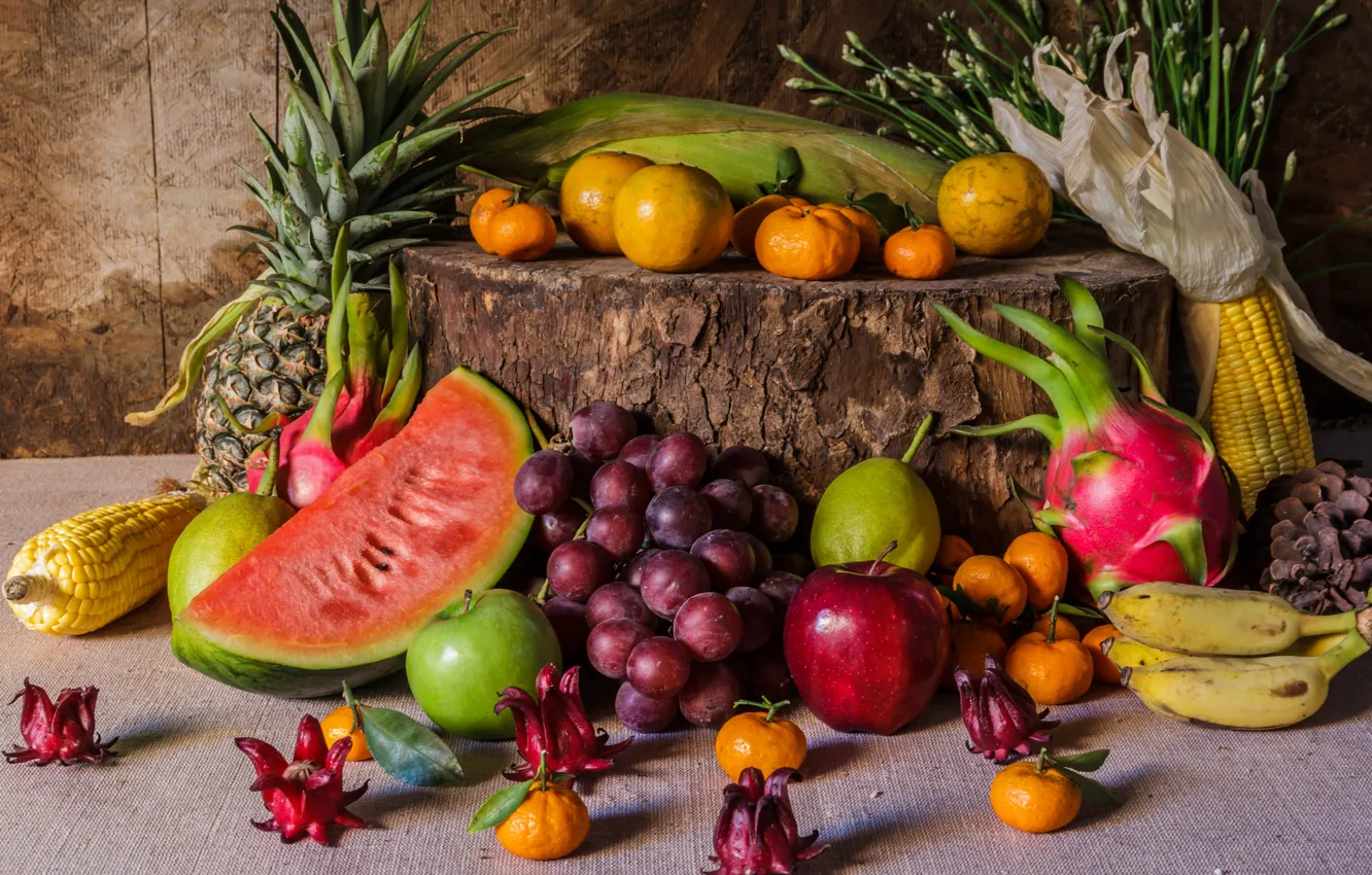 Фото обои цветы, яблоки, виноград, фрукты, натюрморт, овощи, груши, flowers, fruit, grapes, still life, vegetable, мандарны