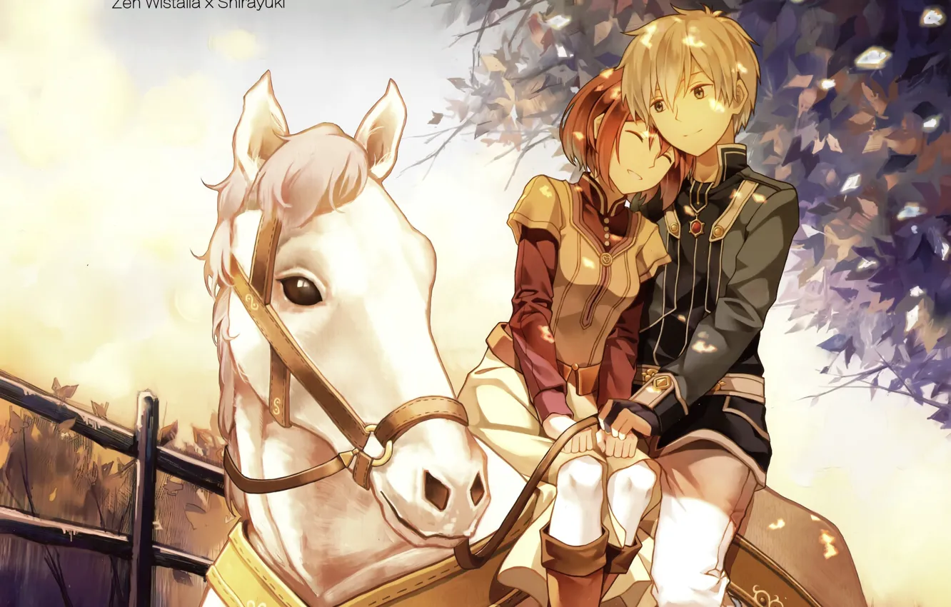 Фото обои белая лошадь, shirayuki, akagami no shirayukihime, Красноволосая Белоснежка, Zen Wistaria, спящая девушка, верхом на лошади, …