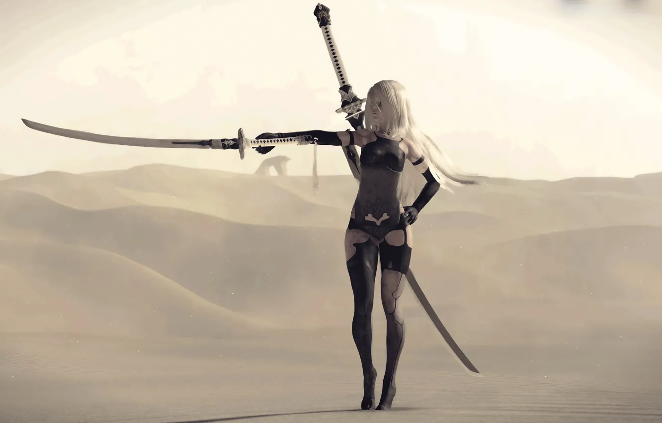 Фото обои девушка, пустыня, меч, катана, киборг, Nier Automata