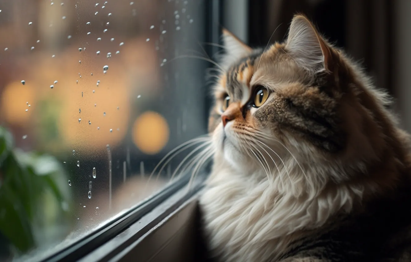 Фото обои кот, дождь, настроение, окно, rain, cat, mood, window