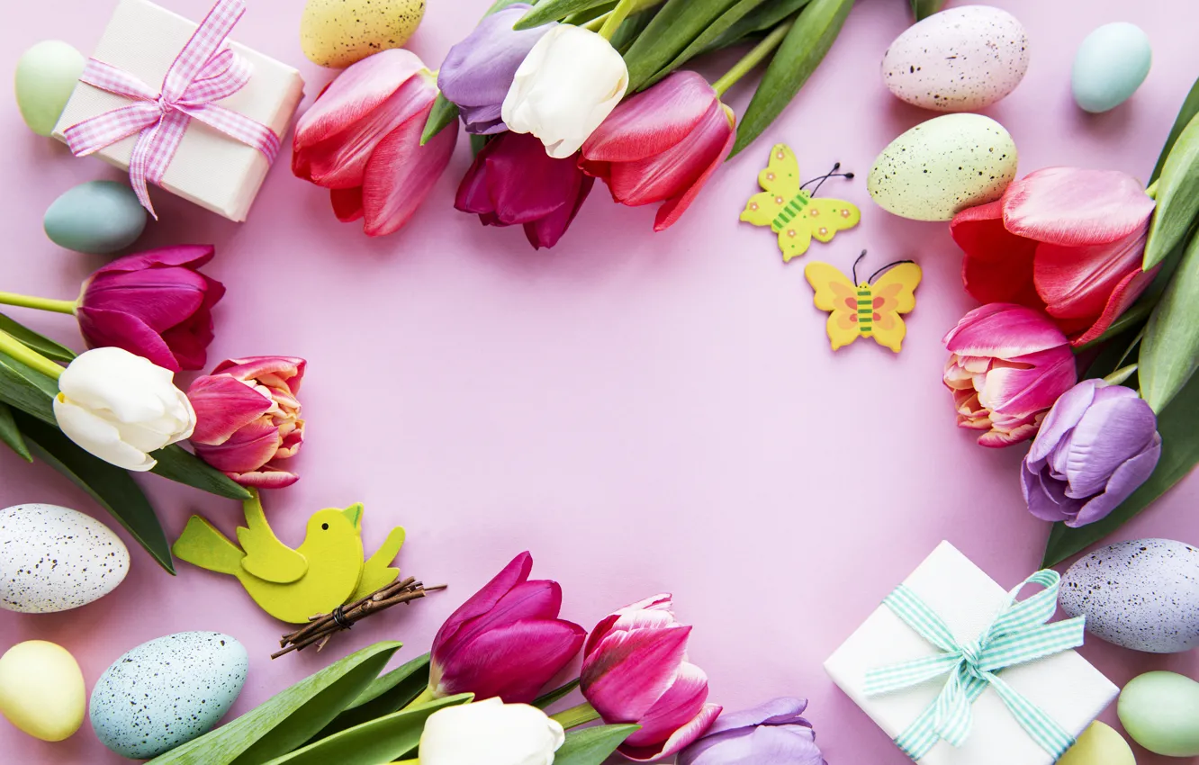 Фото обои цветы, яйца, весна, colorful, Пасха, тюльпаны, happy, pink, flowers, tulips, spring, Easter, eggs, decoration