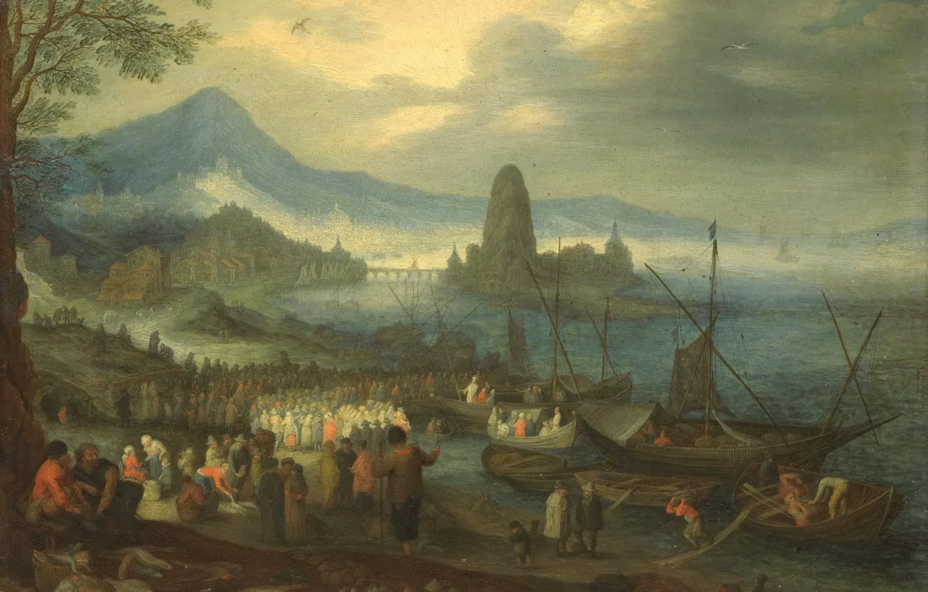 Фото обои масло, картина, мифология, 1700, Проповедь на Галилейском Море, неизвестный художник
