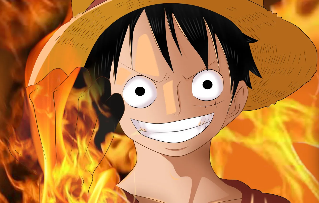 Фото обои улыбка, огонь, шляпа, парень, One Piece
