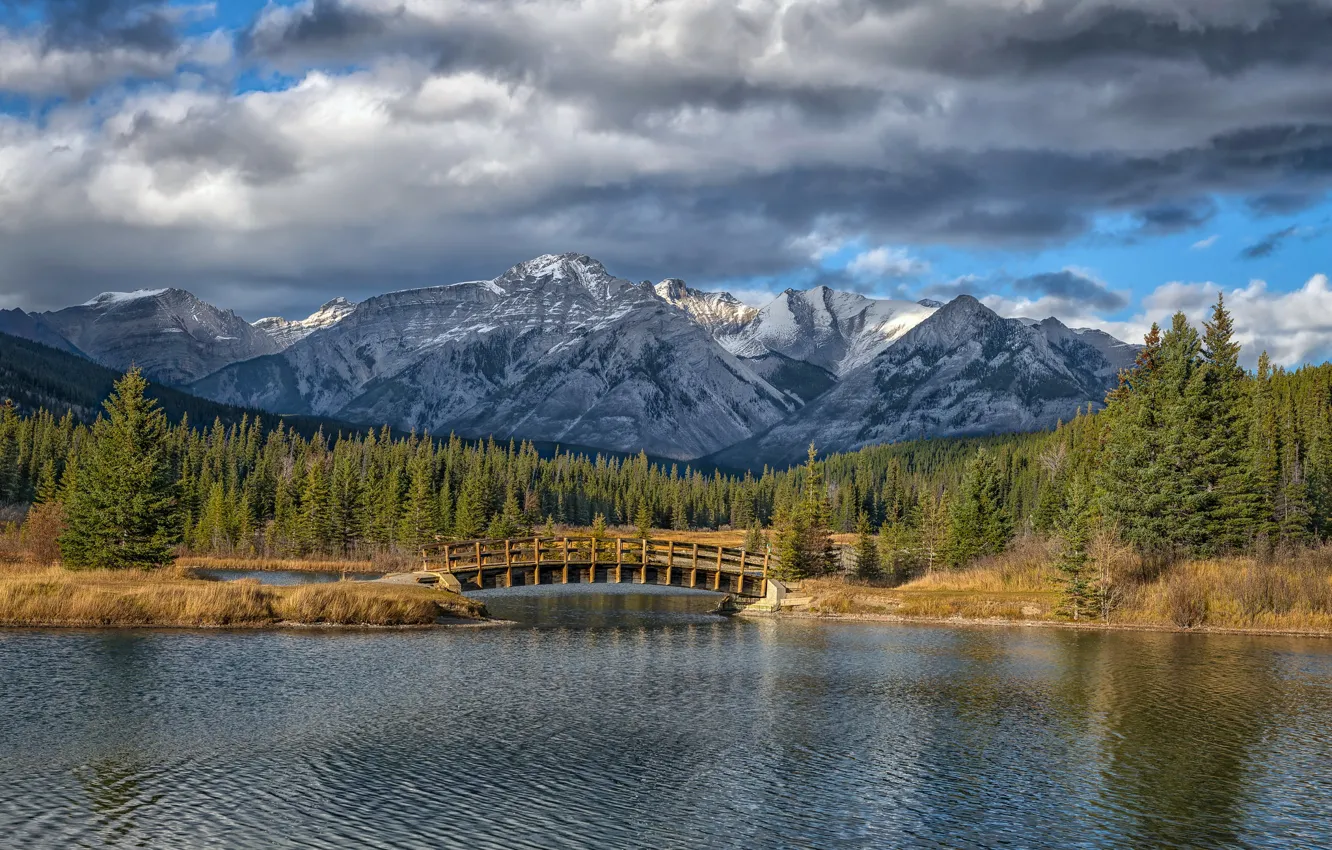 Обои лес, горы, мост, озеро, Канада, Альберта, Banff National Park ... Канада Обои