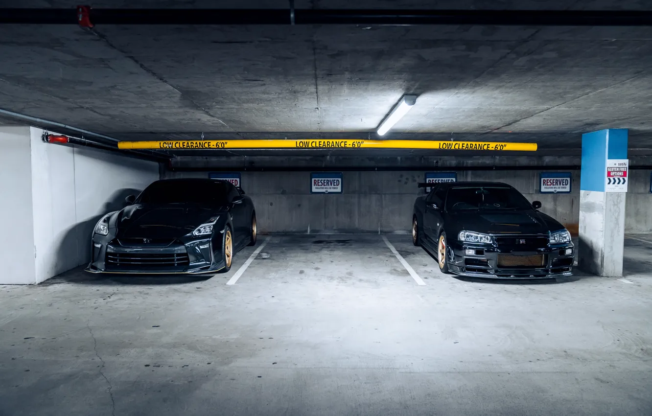 Фото обои GTR, Nissan, Black, R35, R34, Parking, Face