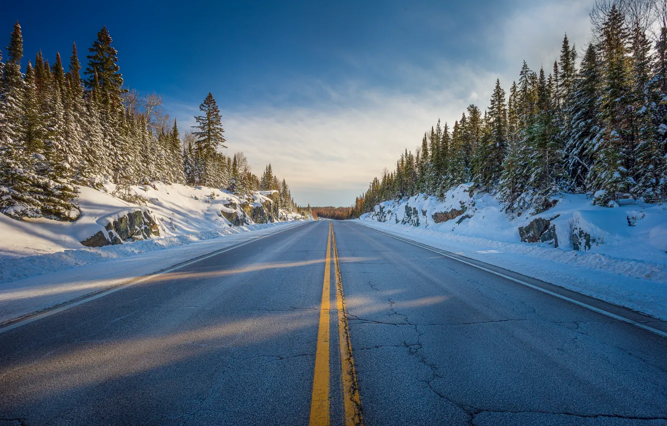 Фото обои зима, дорога, небо, снег, деревья, природа, обочина