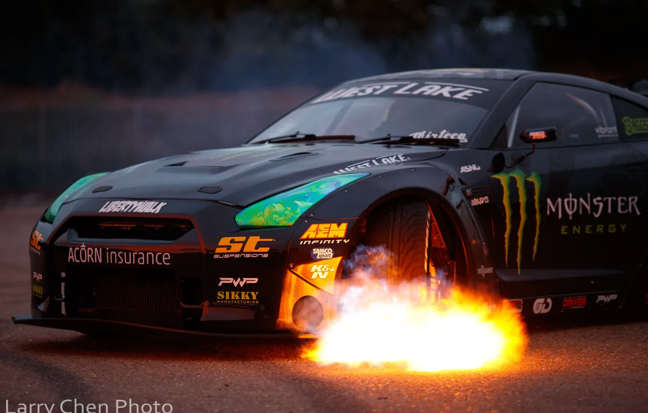 Фото обои огонь, пламя, Nissan, GT-R, drift, Monster Energy, R35, Larry Chen
