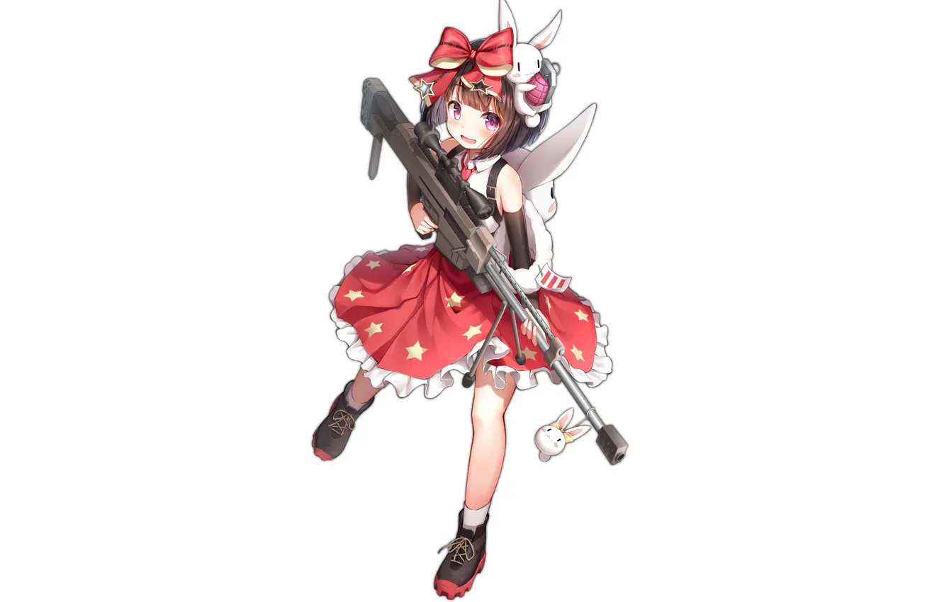 Фото обои ботинки, мини юбка, белый фон, снайперская винтовка, Kantai Collection, белый кролик, красный бантик, Флотская Коллекция, …