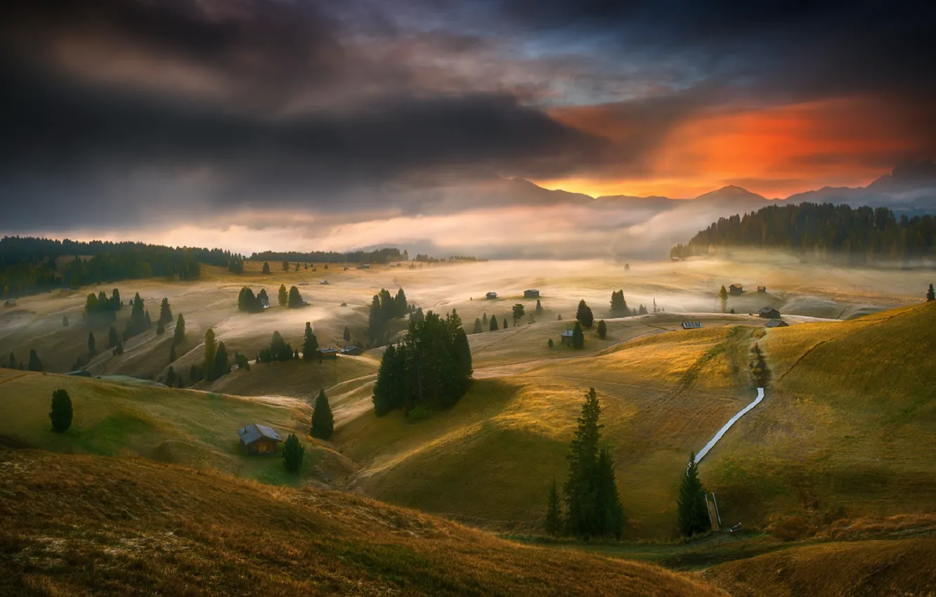 Фото обои лес, небо, закат, горы, дом, поля, луга, Krzysztof Browko