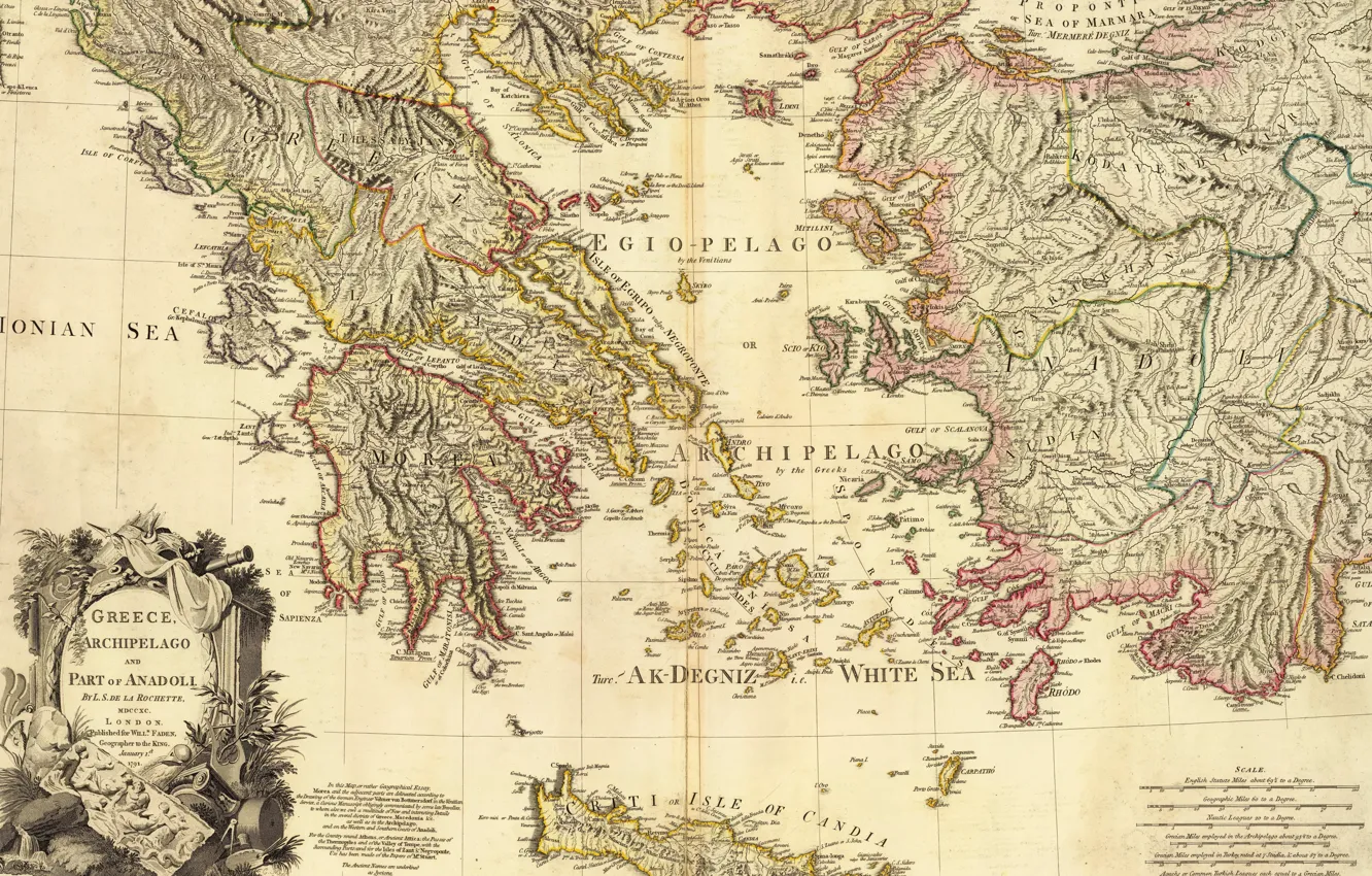 Фото обои Греция, Greece, old maps, 1791, Карта Греции, Archipelago and part of Anadoli, Louis Stanislas d'Arcy …