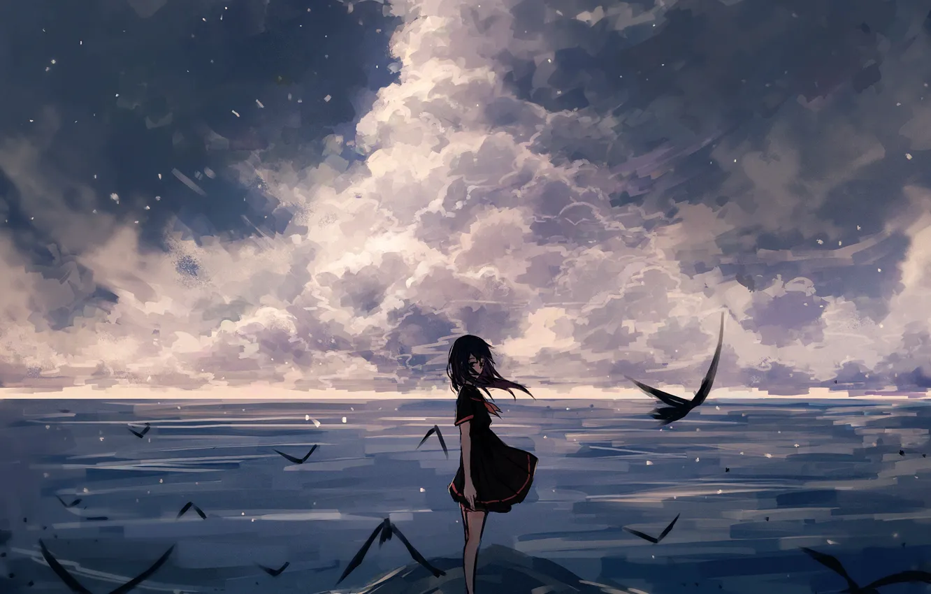 Фото обои одиночество, ветер, школьница, пасмурное небо, by Axle, ненастный день, черные птицы, на берегу моря