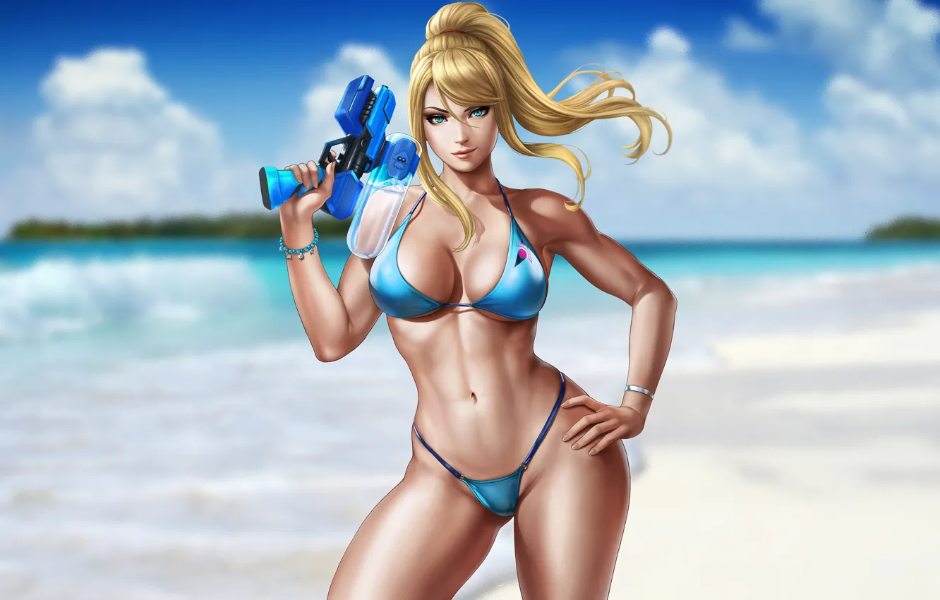 Фото обои beach, boobs, games, blue eyes, blonde, belly, bikini, hips, samu...