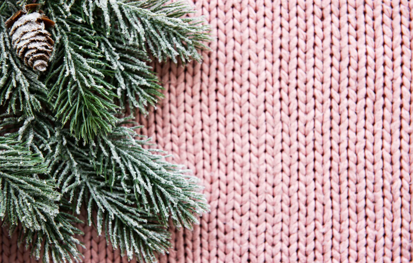 Фото обои зима, снег, розовый, шерсть, winter, snow, knitted, ветки ели, seamless pattern, вязаный фон