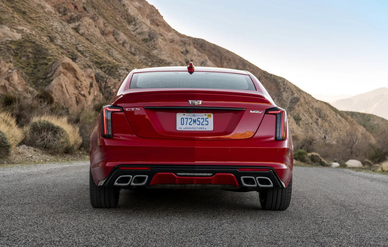 Фото обои красный, Cadillac, седан, вид сзади, четырёхдверный, 2020, CT5-V