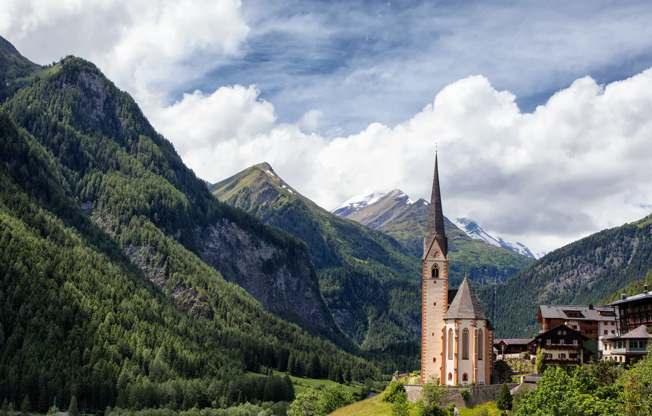 Фото обои небо, облака, горы, Австрия, церквушка, Каринтия, Хайлигенблут