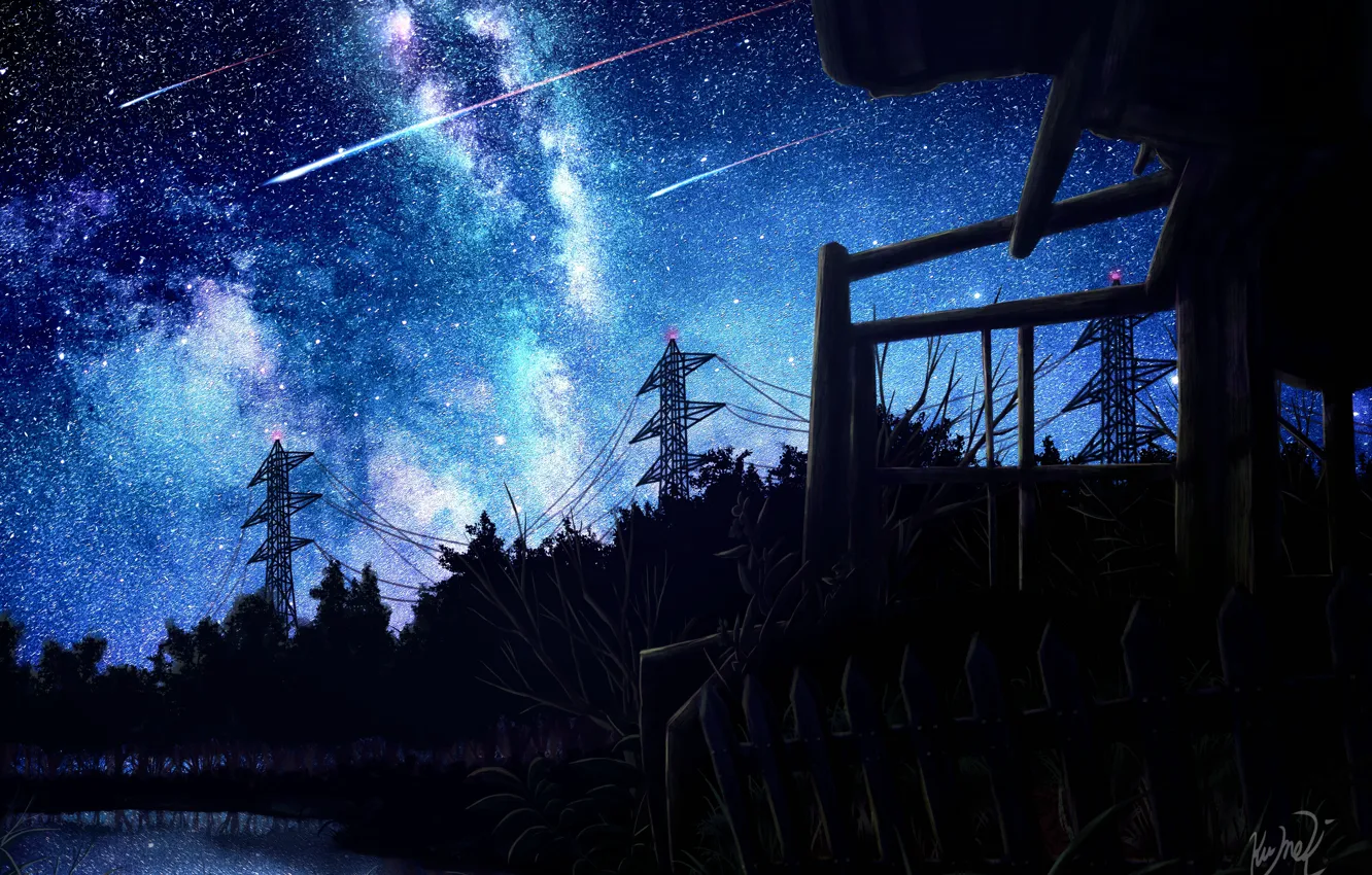 Фото обои небо, ночь, озеро, лэп, падающие звезды