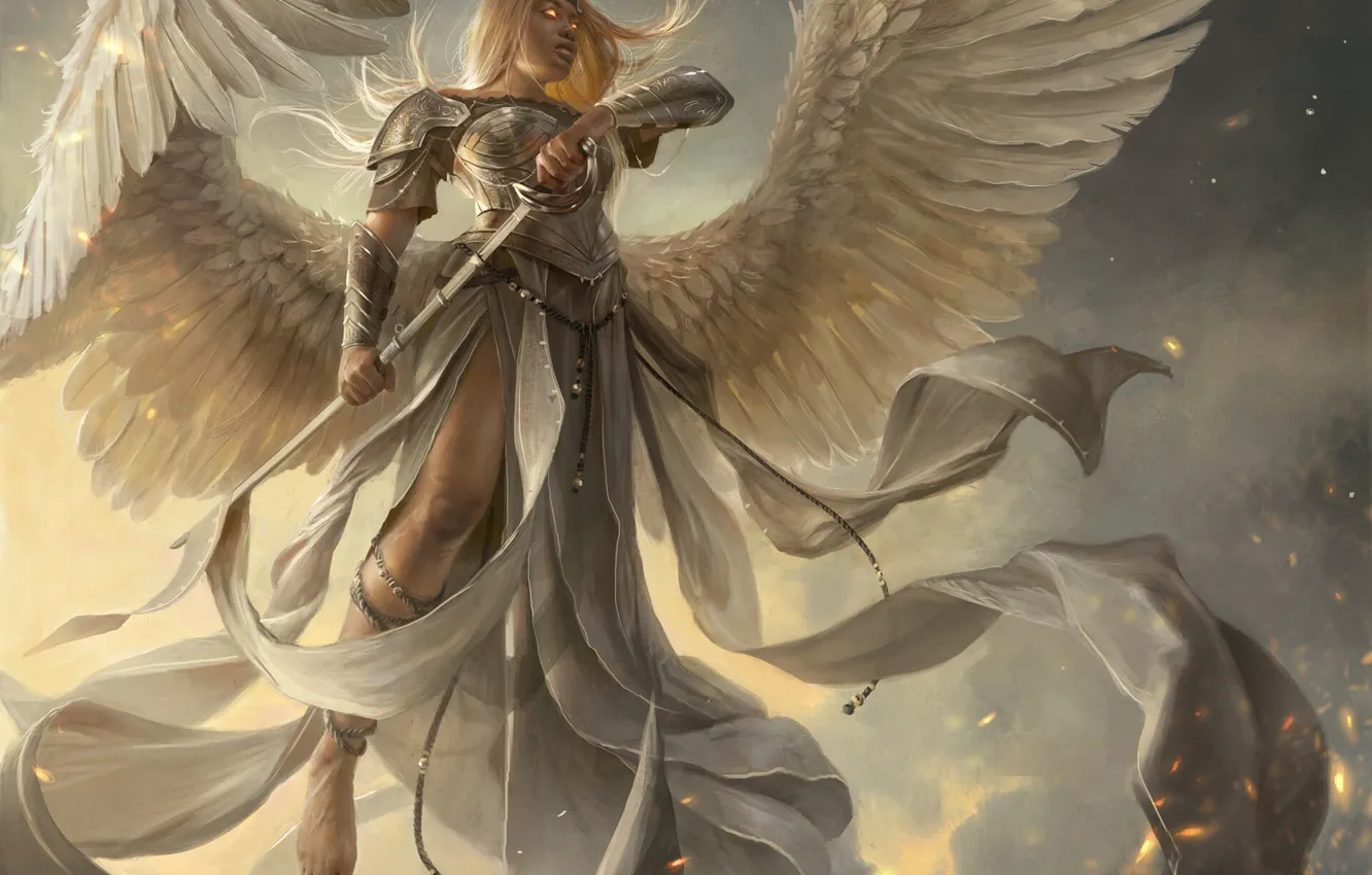 Фото обои girl, sword, fantasy, armor, wings, Angel, blonde, artwork, warri...