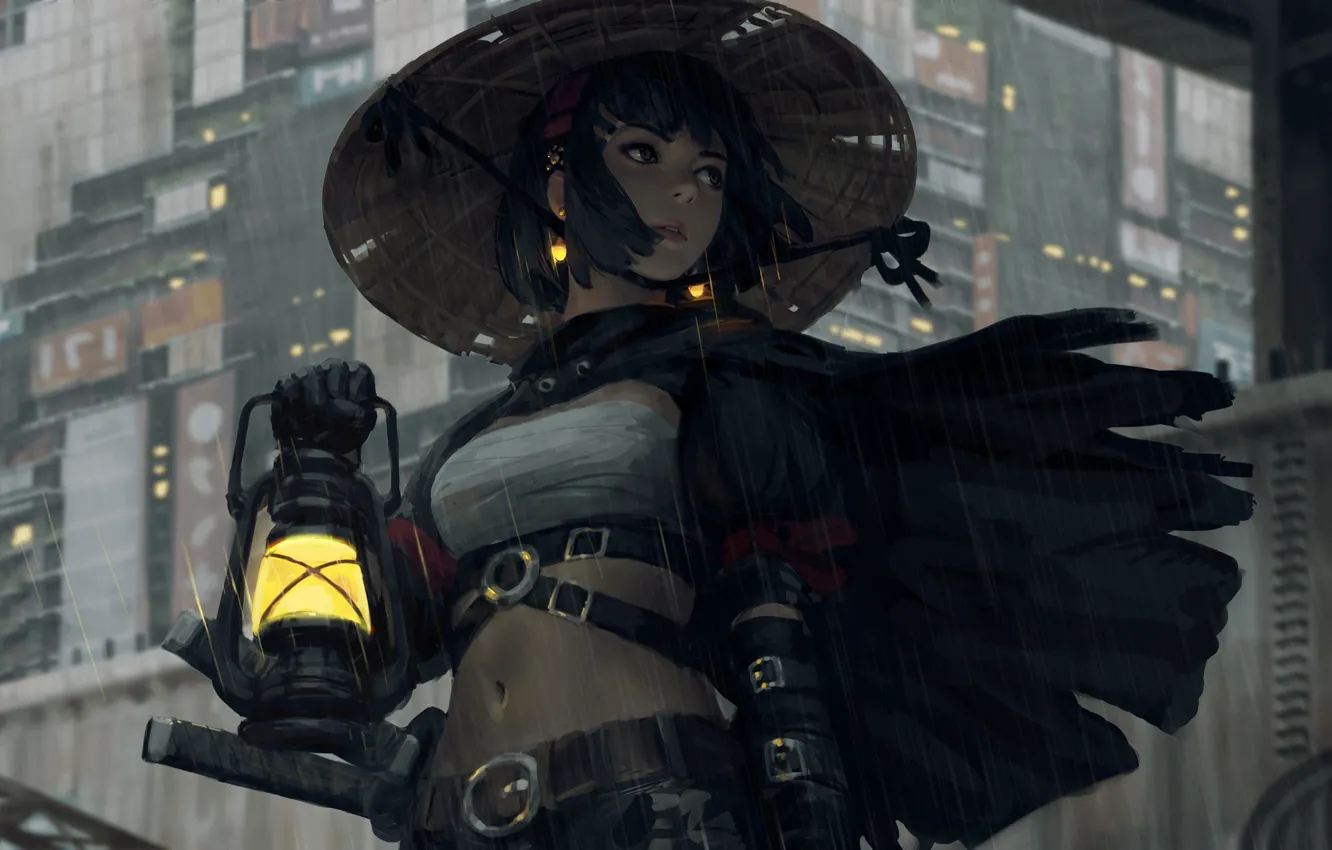 Фото обои girl, sword, fantasy, rain, hat, katana, samurai, digital art, artwork, warrior, building, fantasy art, lantern, …