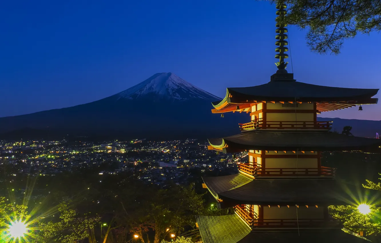 Фото обои Япония, Japan, Фудзияма, огни ночного города, Senso-ji Temle, пагода храма Сенсо-дзи, Fuji Mountain