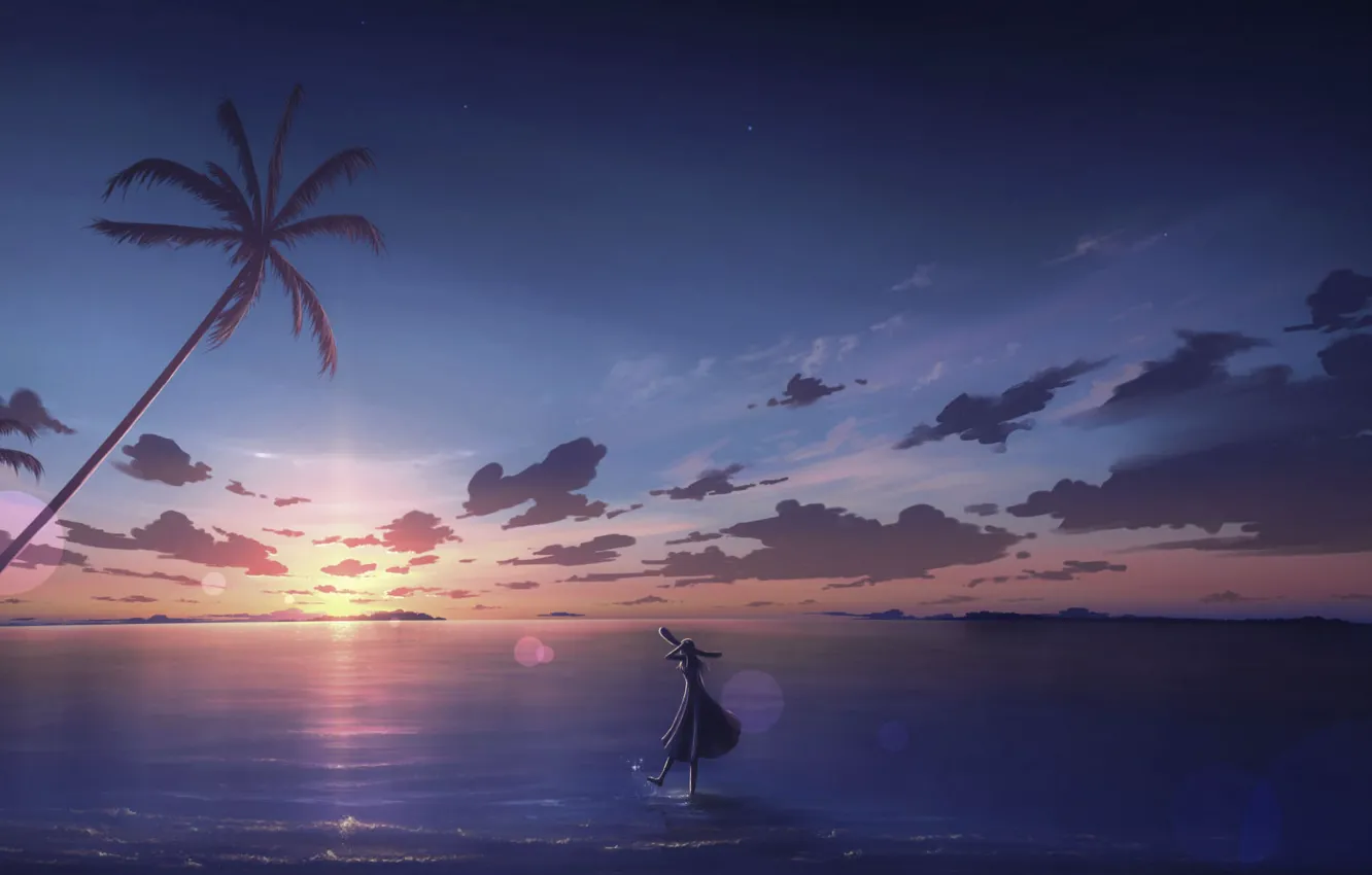 Фото обои море, небо, девушка, закат, пальмы