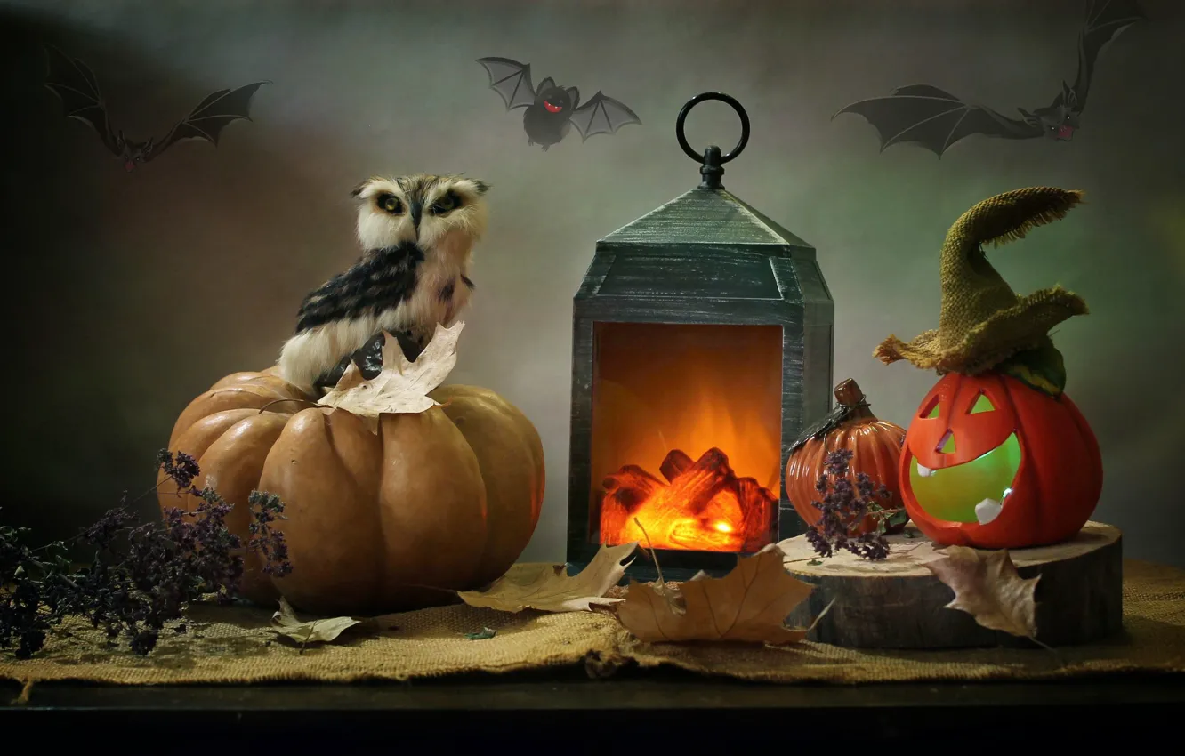 Фото обои листья, сова, фонарь, тыквы, ткань, Хэллоуин, мешковина, Ковалёва Светлана, Светлана Ковалёва