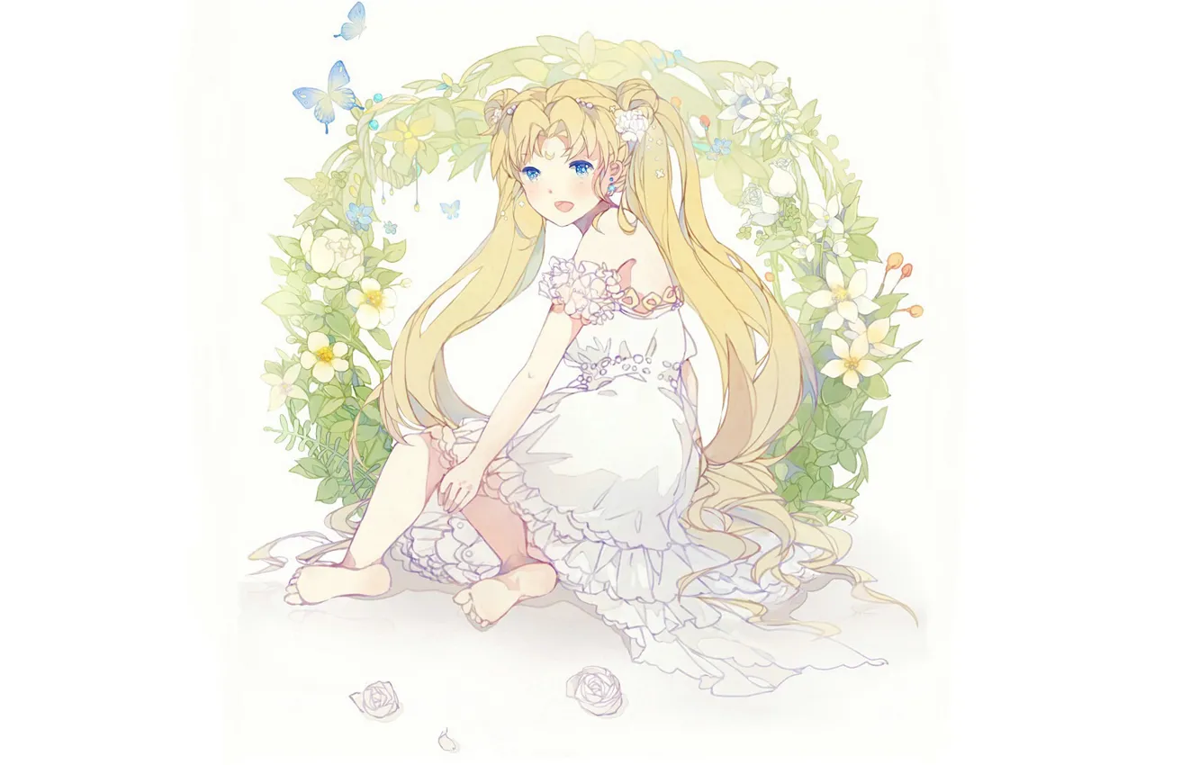 Фото обои бабочки, босиком, голубые глаза, белое платье, два хвостика, Sailor Moon, венок из цветов, by xiaohan