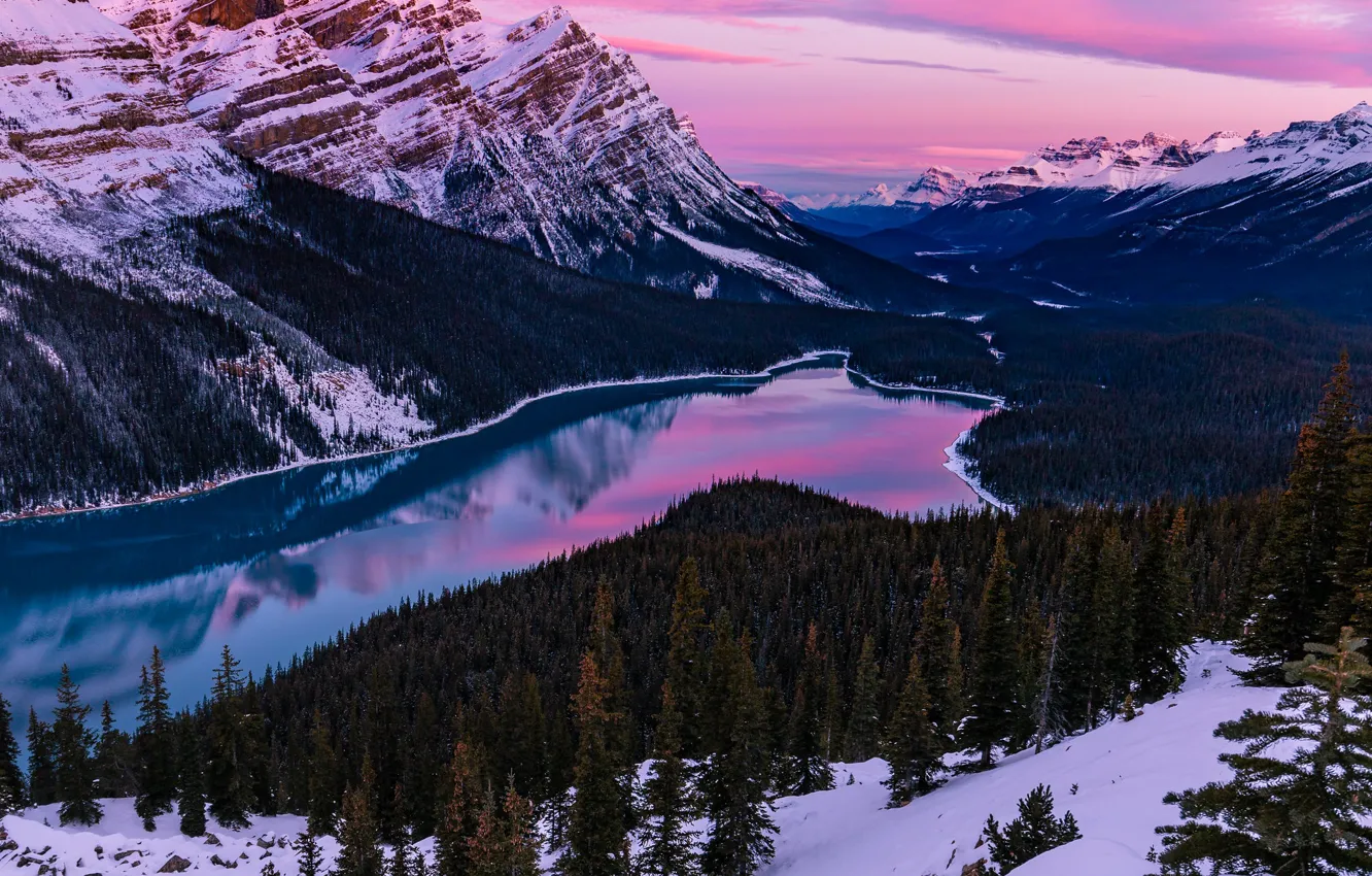 Обои зима, лес, снег, горы, озеро, утро, Канада картинки на рабочий ... Канада Обои