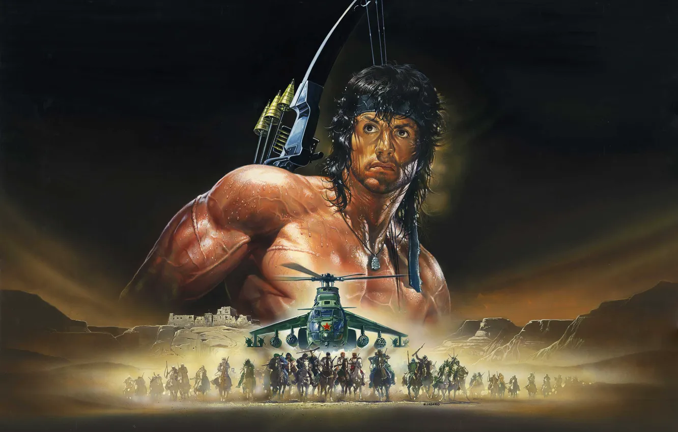 Фото обои art, Ми-24, poster, Sylvester Stallone, bow, riders, Renato Casaro, Rambo III