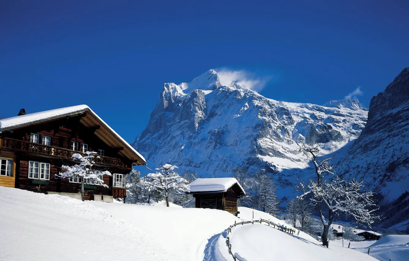 Фото обои зима, пейзаж, горы, природа, село, дома, Швейцария, Альпы, Гриндельвальд, снега