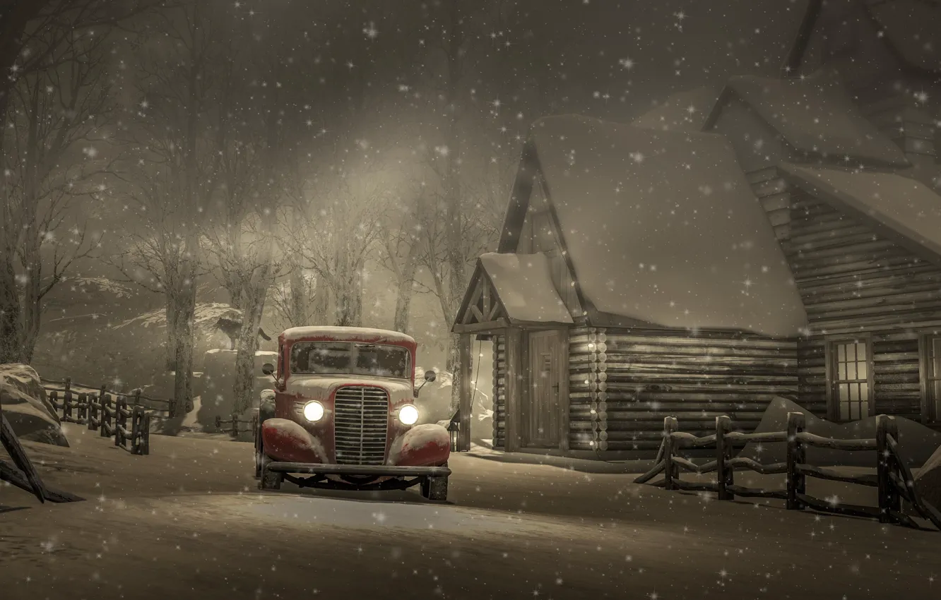 Фото обои зима, машина, авто, снег, дом, винтаж