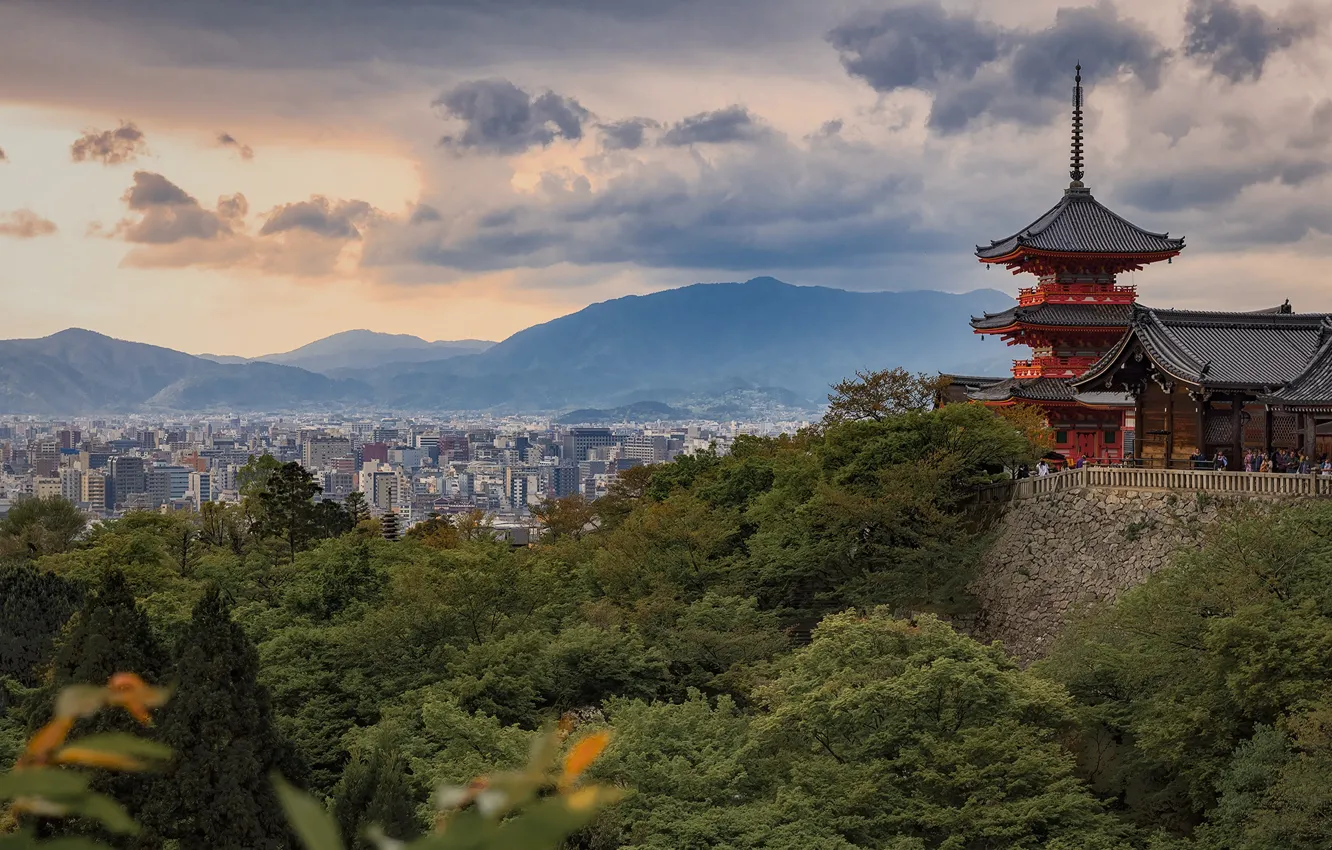 Фото обои пейзаж, горы, природа, город, Япония, храм, пагода, Киото, Киёмидзу-дэра